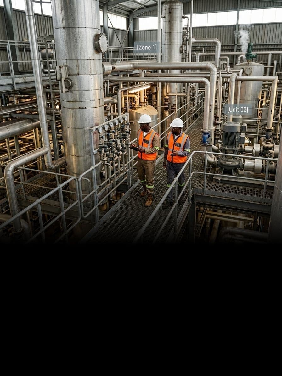 Techniciens sur une zone de production composée